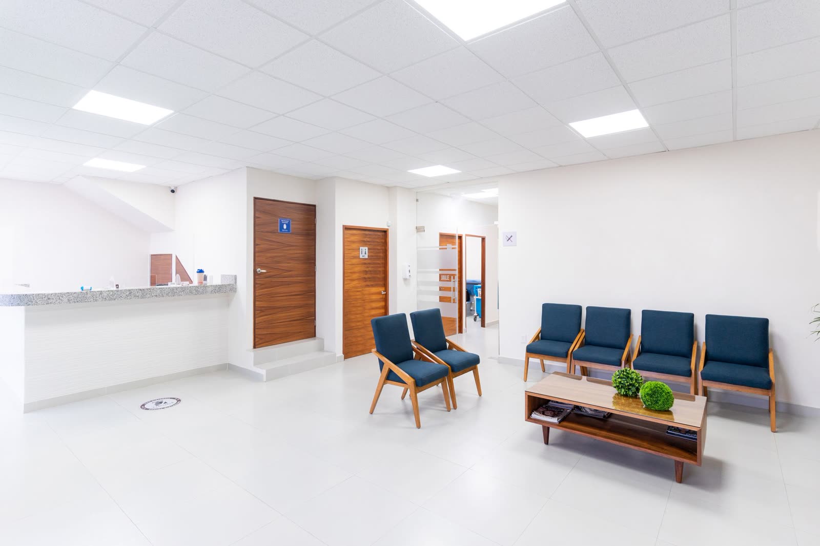Bright, uncluttered clinic waiting area with reception counter and seating. Contextual healthcare photography.